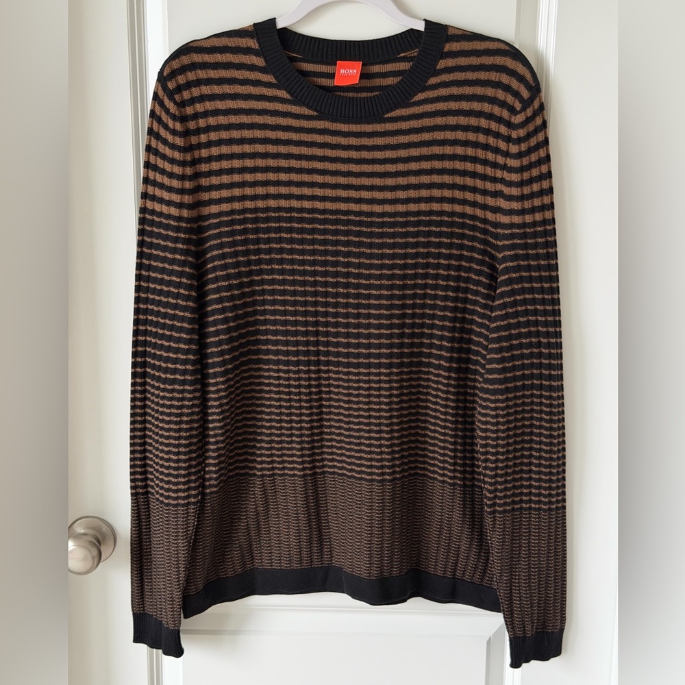 BOSS Men's Cotton Thin Lightweight Knit Cozy Sweater in Black and Brown Stripes